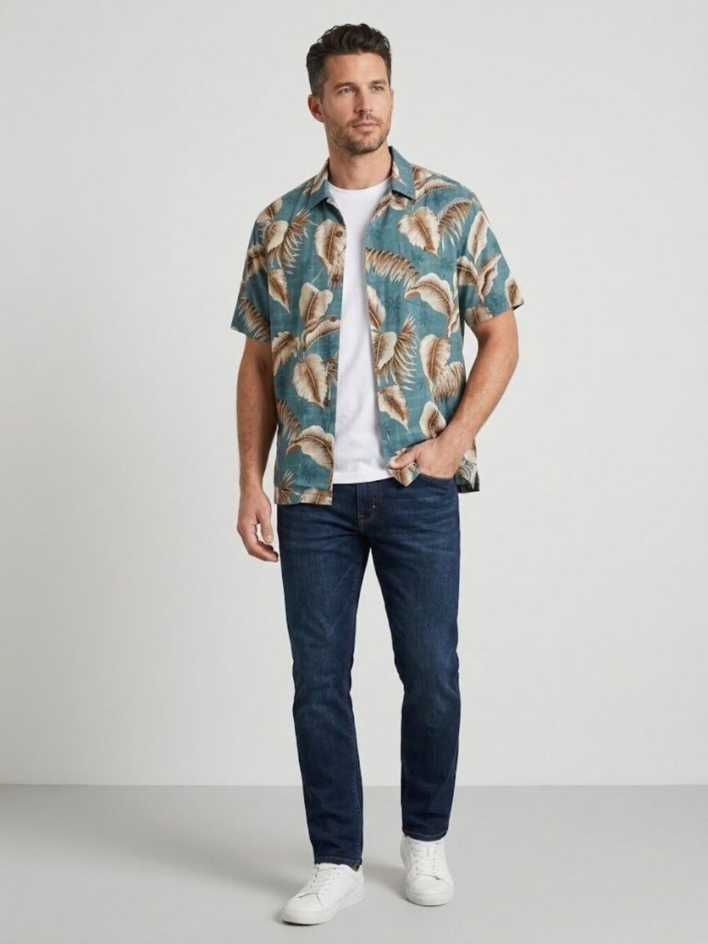 Batick Bay Mens XXL Hawaiian Shirt Blue Beige Tropical Leaf 100% Rayon Aloha